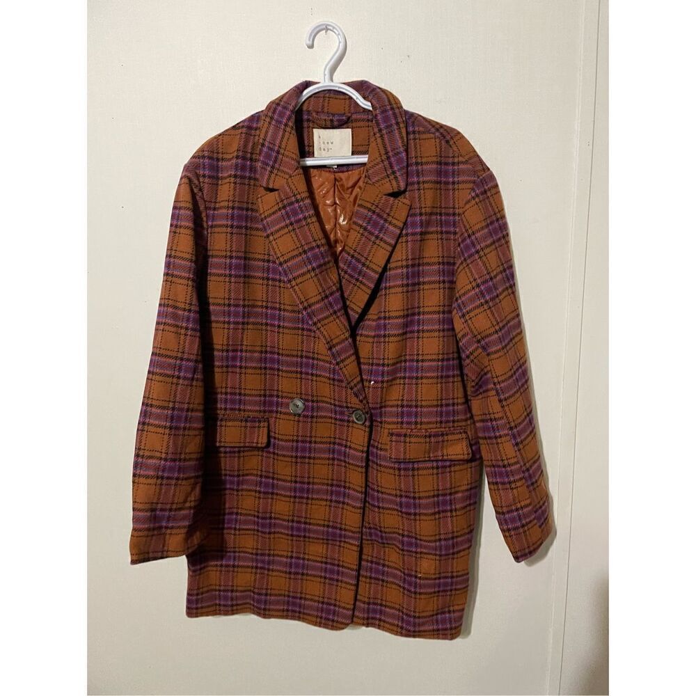 NWOT A New Day Women’s Large Brown Plaid Wool Blend Overcoat Jacket